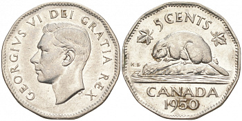 Канада 5 центов 1950 бобр, Георг VI (1937-1952) KM 42 никель 73-1334