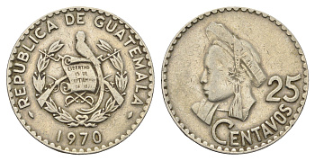 Гватемала 25 сентаво 1970 KM 269 медно-никель 4663-821