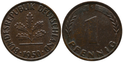 ФРГ 1 пфенниг 1950 G KM 105, J.380 сталь плакированная медью 99-252