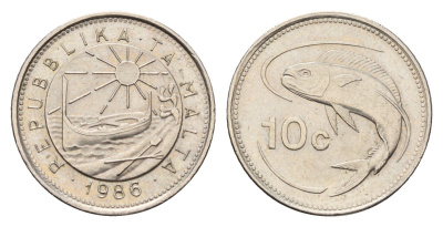 Мальта 10 центов 1986 год-тип, золотая макрель KM 76 медно-никель UNC 39-616