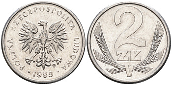 Польша 2 злотых 1989 MW, Народная Республика KM 80.3, Parchimowicz 219a алюминий UNC 4580-768
