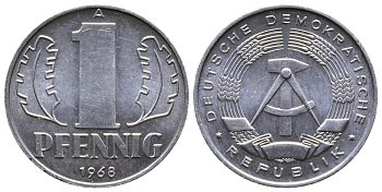 ГДР 1 ПФЕННИГ 1968 А KM 8.1 алюминий UNC 4379-316