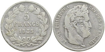 Франция 5 франков 1835 BB, Луи Филипп I (1830-1848) KM 749.3 серебро 4386-125