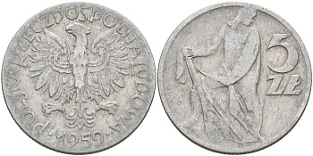 Польша 5 злотых 1959 MW, рыбак KM 47 алюминий 4565-112