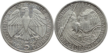 ФРГ 5 марок 1984 D, 150 лет основания немецкого таможенного союза KM 160, J.435 медно-никель плакированный никелем UNC 4394-134