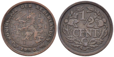 НИДЕРЛАНДЫ 1/2 ЦЕНТА 1930 ВИЛЬГЕЛЬМИНА (1890-1948) KM 138 бронза 39-221
