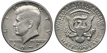 США 1/2 доллара (50 центов) 1972 D, Джон Кеннеди KM 202b медь плакированная медно-никелем 88-1222