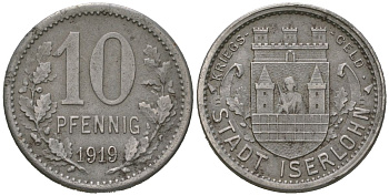 Изерлон (Пруссия, Вестфалия) 10 пфеннингов 1919 Funck 228.5A, Men05 12307.8, Men18 15462.8 железо 4586-1025