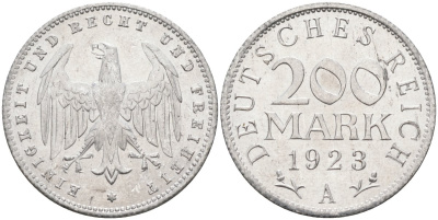 Германия 200 марок 1923 A KM 35, J. 304, Weege 22 алюминий UNC 4586-311