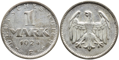 Германия 1 марка 1924 F KM 42, J. 311, Weege 14 серебро 4390-855