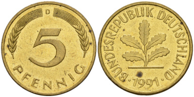ФРГ 5 пфеннигов 1991 D KM 107, J.382 сталь плакированная латунью 4174-1113