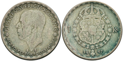 Швеция 1 крона 1947 TS, Густав V (1907-1950) KM 814 серебро 4571-615