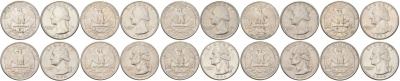 США набор из 10 монет (последние 10 лет выпуска, 25 центов = квотер = 1/4 доллара) 1989-1998 D, Вашингтон KM 164a медь плакированная медно-никелем aUNC-UNC 4612-611-617