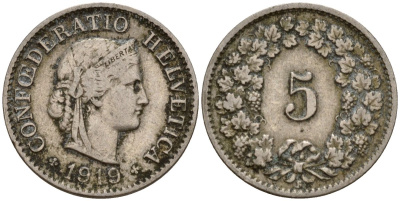 Швейцария 5 раппенов 1910 B KM 26 медно-никель 4189-534