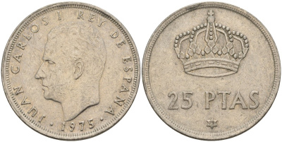 Испания 25 песет 1975 (79) Хуан Карлос I (1975-2014) KM 808 медно-никель 4149-1035
