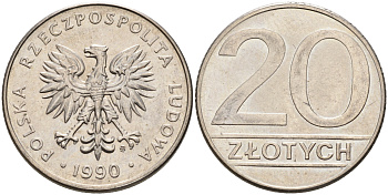 Польша 20 злотых 1990 MW KM 153.2, Parchimowicz 255b медно-никель 4566-413