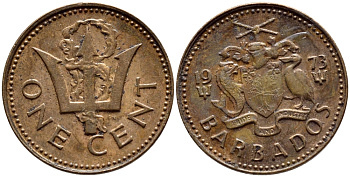 Барбадос 1 цент 1973 сломанный трезубец Британии KM 10 бронза 4396-1239