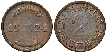 Германия 2 рейхспфеннига 1924 E KM 38, J. 314, Weege 4 бронза 4121-554