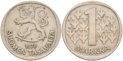 ФИНЛЯНДИЯ 1 МАРКА 1978 K KM 49a медно-никель 4563-523