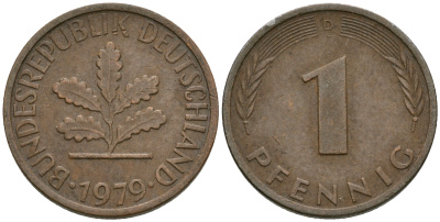 ФРГ 1 пфенниг 1979 D KM 105, J.380 сталь плакированная медью 08-1325