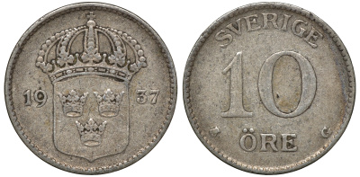 Швеция 10 эре 1937 G, Густав V (1907-1950) KM 780 серебро 4179-625