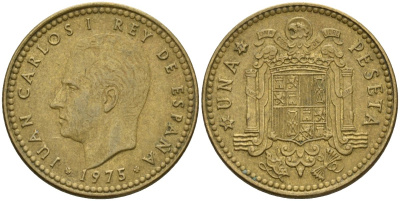 Испания 1 песета 1975 (77) Хуан Карлос I (1975-2014) KM 806 алюминиевая бронза 4604-213