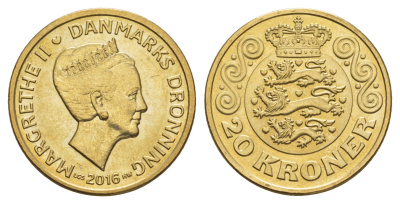 Дания 20 крон 2016 Маргрете II (1972-2024) KM 955 алюминиевая бронза UNC 4648-816