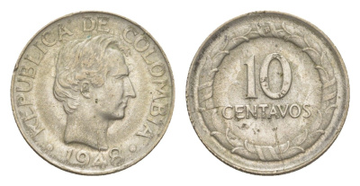 Колумбия 10 сентаво 1948 KM 207 серебро 4636-162