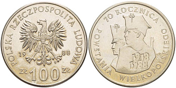 ПОЛЬША 100 ЗЛОТЫХ 1988 MW, 70 ЛЕТ ВЕЛИКОПОЛЬСКОГО ВОССТАНИЯ KM 182 медно-никель 4542-1032