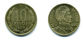 ЧИЛИ 10 ПЕСО 2010 ГЕНЕРАЛ БЕРНАРДО О ХИГГИНС KM 228.2 никель-бронза 37-841