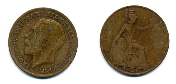 Великобритания 1 пенни 1921 Георг V (1910-1936) KM 810, Spink 4051 бронза 47-546