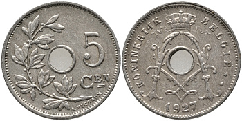 БЕЛЬГИЯ 5 САНТИМОВ 1927 BELGIE KM 67 медно-никель 76-137
