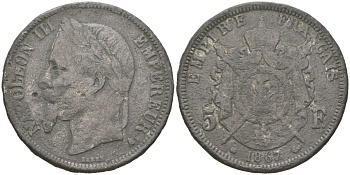 Бельгия КОПИЯ 5 франков 1867 белый металл 01-236-22