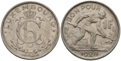 Люксембург 1 франк 1928 сталевар, Шарлотта (1918-1964) KM 35 никель 4603-1054