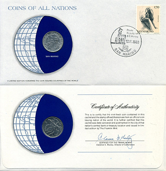 Сан-Марино 10 лир 1974 ФАО, пчела, конверт с маркой первого дня гашения, Coins of Nations KM 33 алюминий UNC 4294-75-1
