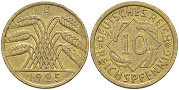 ГЕРМАНИЯ 10 РЕЙХСПФЕННИГОВ 1925 G KM 40, J. 317, Weege 9 алюминиевая бронза 212-754