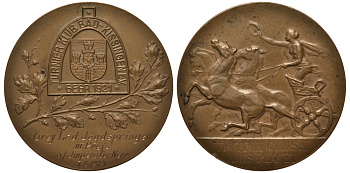 ГЕРМАНИЯ МЕДАЛЬ 1924 КЛУБ ПЛАВАНИЯ, III МЕСТО, НИМФА НА КОЛЕСНИЦЕ 95 гр, 60 мм бронза 1082-7-12