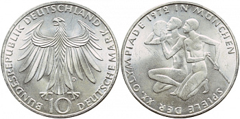 ФРГ 10 марок 1972 D, XX летние Олимпийские Игры, Мюнхен 1972, спортсмены KM 132, J.403 серебро UNC 1520-1435