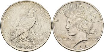 США 1 доллар 1922 доллар мира KM 150 серебро aUNC 00-1067-8-24