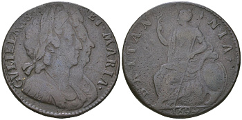 Англия 1/2 пенни 1694 Вильгельм III и Мария II (1689-1694) KM 475.3, Spink 3452 медь 4590-631