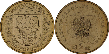 Польша 2 злотых 2004 MW, серия польские воеводства, Дольнославское воеводство KM 484 нордик  UNC  4635-813