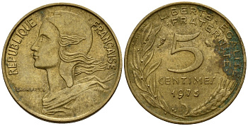 Франция 5 сантимов 1975 KM 933 алюминиевая бронза 4154-1059