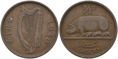 Ирландия 1/2 пенни 1940 свинья с поросятами KM 10 бронза 4146-535