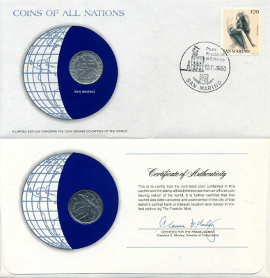 Сан-Марино 10 лир 1974 ФАО, пчела, конверт с маркой первого дня гашения, Coins of Nations KM 33 алюминий UNC 4294-75-1
