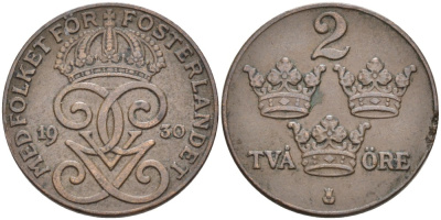 ШВЕЦИЯ 2 ЭРЕ 1930 ГУСТАВ V (1907-1950) KM 778 бронза 63-1235