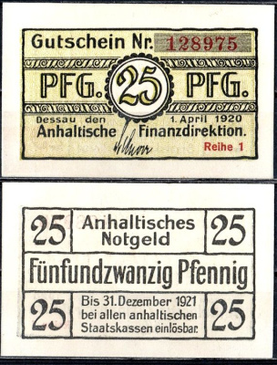 Анхальт 25 пфеннигов 1920 Mehl Grabowski A17.4a бумага UNC (пресс) 7556-44-4-2