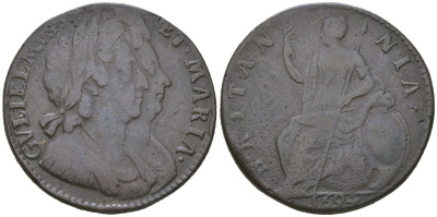 Англия 1/2 пенни 1694 Вильгельм III и Мария II (1689-1694) KM 475.3, Spink 3452 медь 4590-631