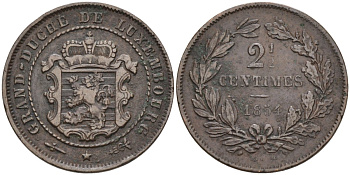 Люксембург 2 1/2 сантима 1854 Виллем III (1849-1890) KM 21 бронза 4575-717