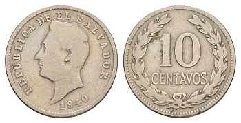 Сальвадор 10 сентаво 1940 самый редкий год типажа KM 130 медно-никель 4642-743