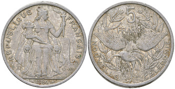 Французская Новая Каледония 5 франков 1986 птица кагу, (IEOM) KM 16, Schoen 12, Lec 76 алюминий 180-826